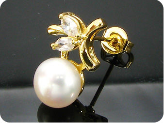 2x8mm White Fresh Water Pearl Topaz Gold Earrings