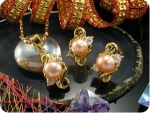 3x7mm Creamy Pearl Topaz Gold Pendant Earrings Set