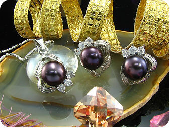 3x8mm Black Pearl Pendant Earrings Set