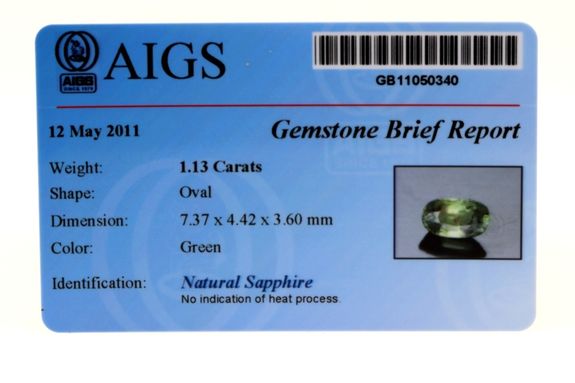 1.13 cts SAPHIR VERT. Non Chauffé.