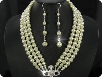 224x6~12mm White Pearl + Created Diamond Necklace Bracelet Earrings Set