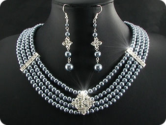 472x6~10mm Black Pearl + Created Diamond Necklace Bracelet Earrings Set