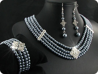 472x6~10mm Black Pearl + Created Diamond Necklace Bracelet Earrings Set