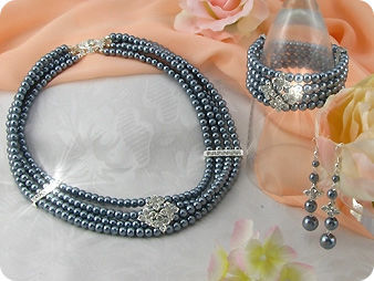 472x6~10mm Black Pearl + Created Diamond Necklace Bracelet Earrings Set