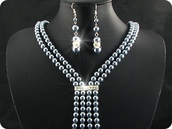 292x6~12mm Black Pearl + Created Diamond Necklace Bracelet Earrings Set