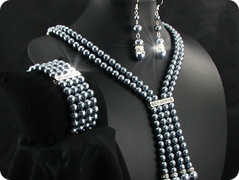 292x6~12mm Black Pearl + Created Diamond Necklace Bracelet Earrings Set
