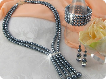 292x6~12mm Black Pearl + Created Diamond Necklace Bracelet Earrings Set