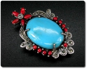 CORAL TURQUOISE & MARCASITE PENDANT