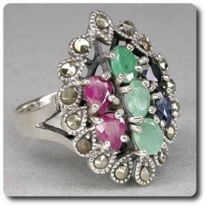 SAPPHIRE RUBY EMERALD & MARCASITE RING