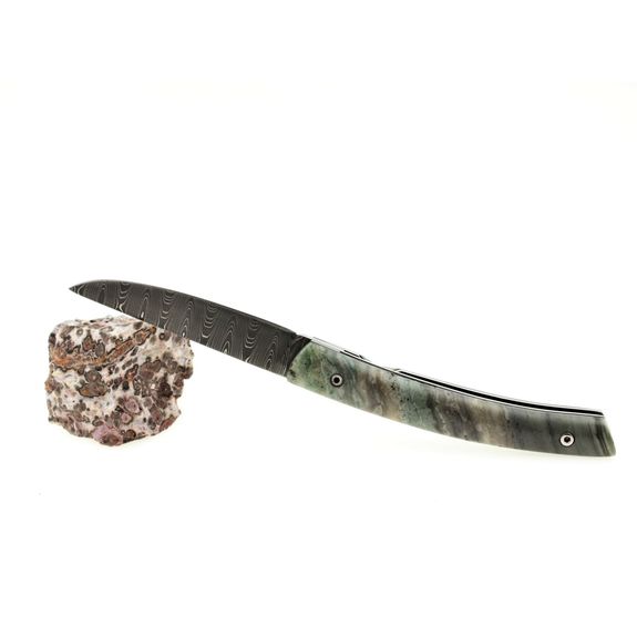 Couteau LE THIERS® manche Jaspe, lame Damas, ressort guilloché.