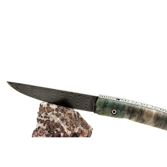 Couteau LE THIERS® manche Jaspe, lame Damas, ressort guilloché.