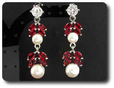 Pearl & Red Ruby Necklace + Earrings