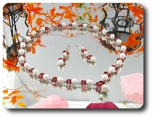 Pearl & Red Ruby Necklace + Earrings