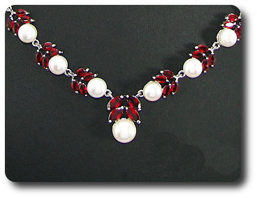 Pearl & Red Ruby Necklace + Earrings