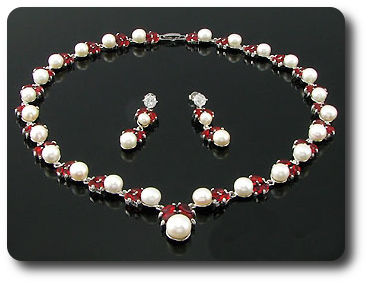 Pearl & Red Ruby Necklace + Earrings