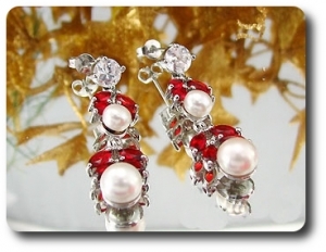 Pearl & Red Ruby Necklace + Earrings