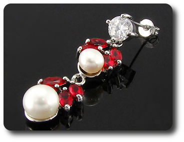 Pearl & Red Ruby Necklace + Earrings