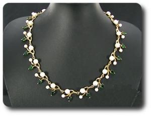 Pearl & Green Emerald Necklace + Earrings