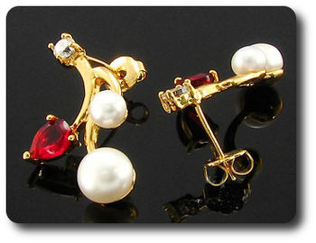 Pearl & Red Ruby Necklace + Earrings