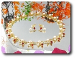 Pearl & Red Ruby Necklace + Earrings