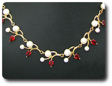 Pearl & Red Ruby Necklace + Earrings