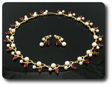 Pearl & Red Ruby Necklace + Earrings