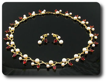 Pearl & Red Ruby Necklace + Earrings