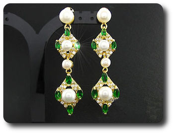 Pearl & Green Emerald Necklace + Earrings
