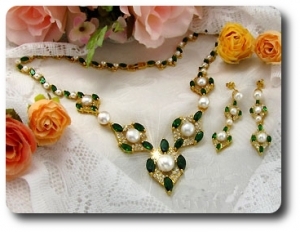Pearl & Green Emerald Necklace + Earrings