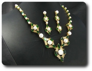 Pearl & Green Emerald Necklace + Earrings