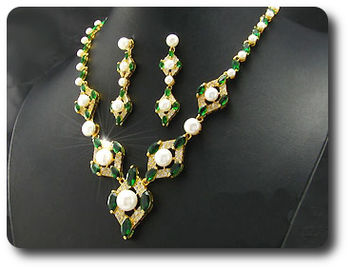 Pearl & Green Emerald Necklace + Earrings