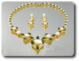 Pearl & Green Emerald Necklace + Earrings