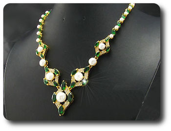 Pearl & Green Emerald Necklace + Earrings