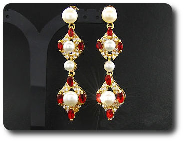 Pearl & Red Ruby Necklace + Earrings