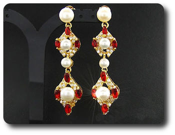 Pearl & Red Ruby Necklace + Earrings