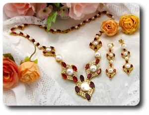 Pearl & Red Ruby Necklace + Earrings