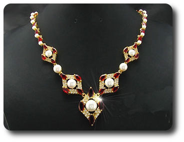 Pearl & Red Ruby Necklace + Earrings