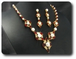 Pearl & Red Ruby Necklace + Earrings