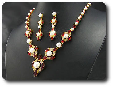 Pearl & Red Ruby Necklace + Earrings