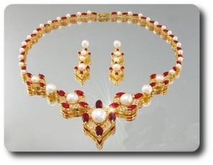 Pearl & Red Ruby Necklace + Earrings