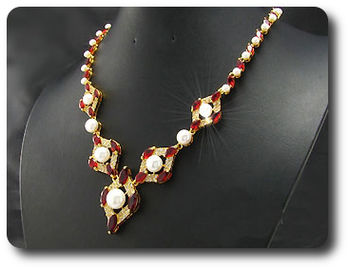 Pearl & Red Ruby Necklace + Earrings