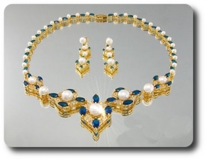 Pearl & Blue Sapphire Necklace + Earrings