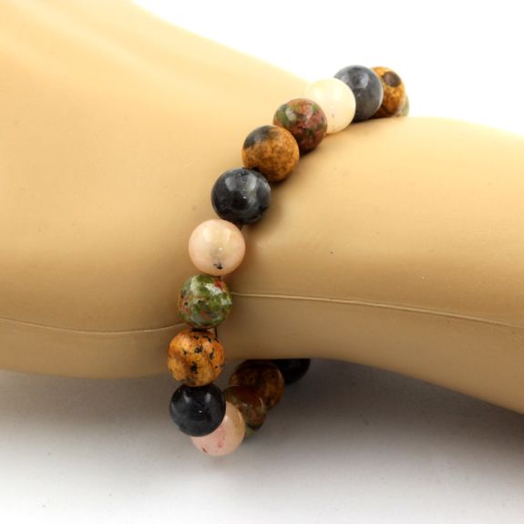 Bracelet Perles Labradorite + Opale Rose + Jaspe Paysage + Unakite 8 mm.