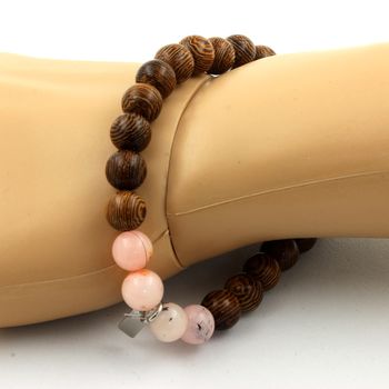 Bracelet Perles Opale Rose + bois 8 mm.