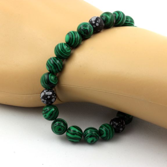 Bracelet Perles Malachite + Obsidienne Flocon de Neige 8 mm.