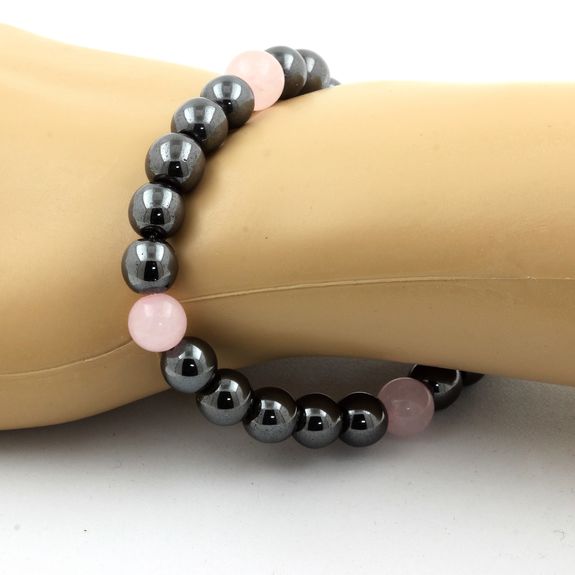 Bracelet Perles Hématite + Quartz rose 8 mm.