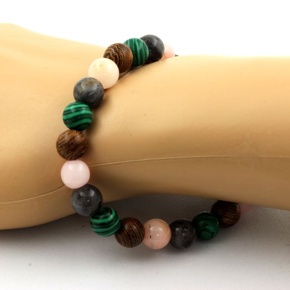 Bracelet Perles Opale Rose + Labradorite + Malachite + bois 8 mm.