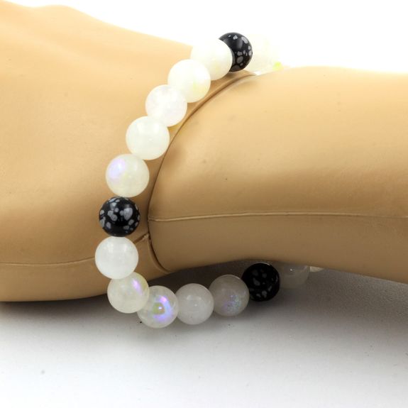 Bracelet Perles Pierre de lune + Obsidienne Flocon de Neige 8 mm.
