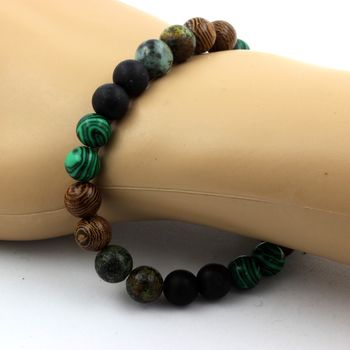 Bracelet Perles Turquoise Africaine + Malachite + Onyx noir mat + bois 8 mm.
