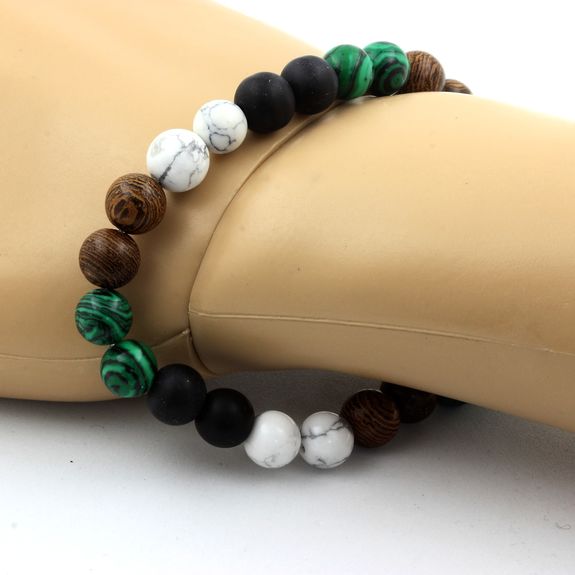 Bracelet Perles Howlite + Malachite + Onyx noir mat + bois 8 mm.